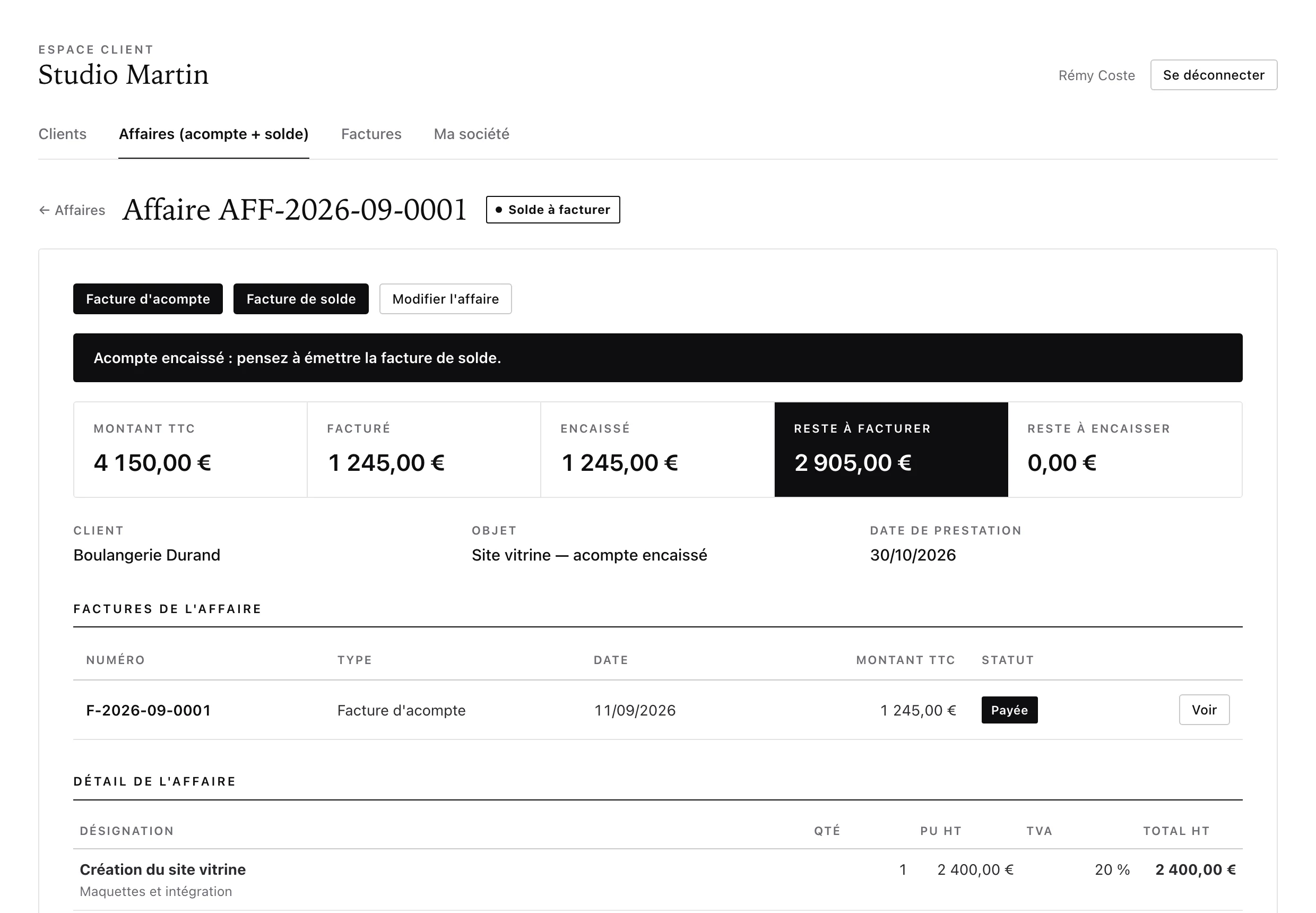 Fiche d’une affaire dans Faqto : montant, facturé, encaissé, reste à facturer.