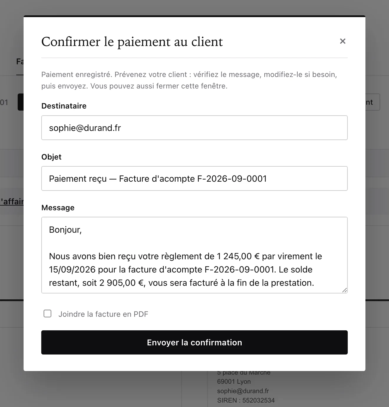 Confirmation de paiement pré-remplie dans Faqto.