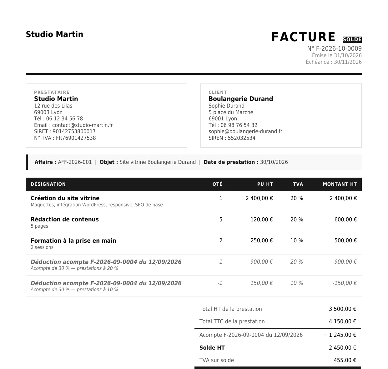 Facture de solde au format PDF produite par Faqto.